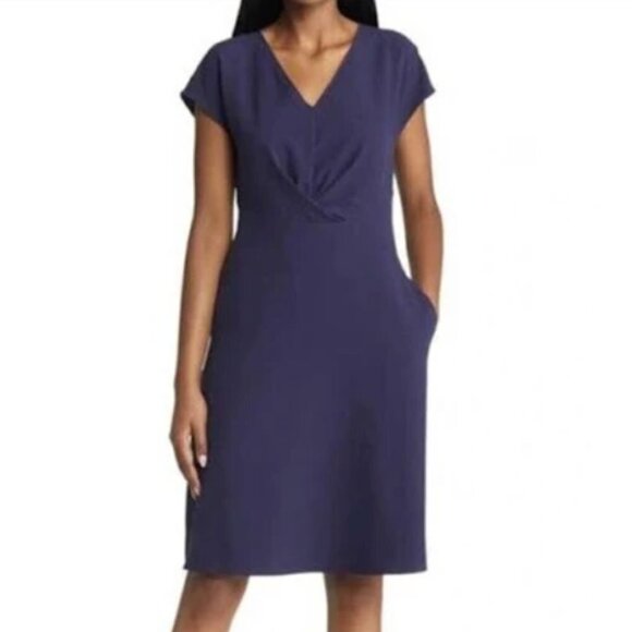 Tahari Cap Sleeve V Neck Twist Front Midi Dress - Navy Blue - size 8 - Picture 9 of 9